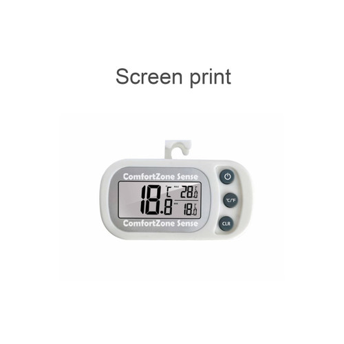 A white ambient thermometer with a digital display showing temperature readings and three buttons. It has a hanging hook.