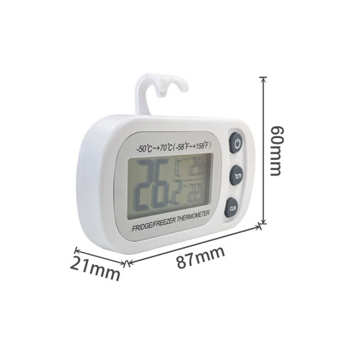 A white ambient thermometer with a digital display, featuring dimensions and a hook for hanging.