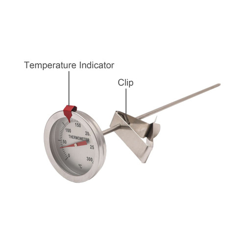 A stainless steel deep fry thermometer with a round temperature indicator and a metal clip for attachment.