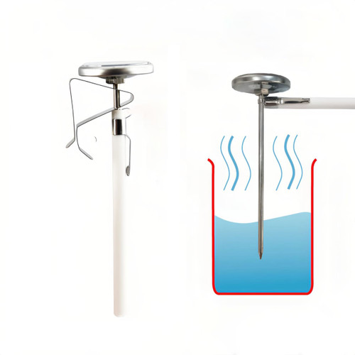 A silver and white instant read dial thermometer with a pointed probe for measuring temperatures. It has a metallic attachment.
