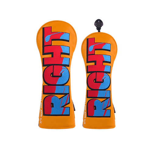 A pair of custom golf head covers in bright orange, featuring bold blue and red graphic designs and a logo.