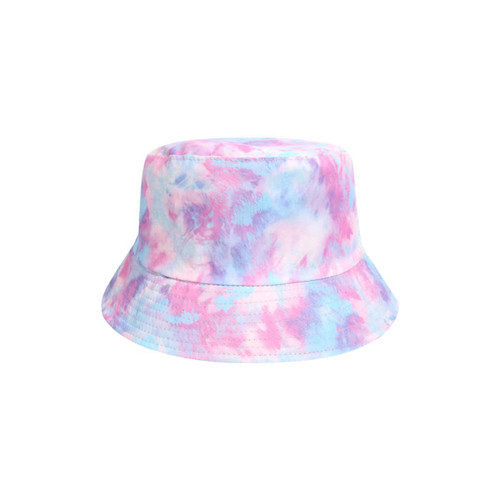 A tie dye bucket hat featuring a blend of pink, blue, and purple colours. It has a branded logo.
