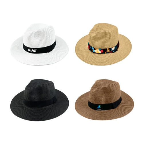 A collection of Panama beach sun hats in white, black, tan, and brown, featuring decorative bands and a logo.