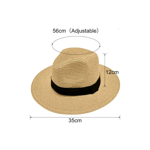 A straw Panama sun hat in natural colour with a wide brim and black band, featuring adjustable sizing.