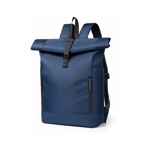 A navy blue roll top laptop backpack with black zippers and adjustable straps, featuring a sleek, modern design.