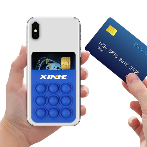 A blue silicone phone wallet featuring bubbles, holding a card, attached to a mobile phone.