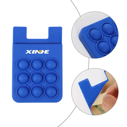 A blue silicone phone wallet featuring multiple pop bubbles and a logo. The design includes a slot for attachment.