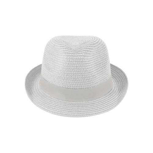 A light grey straw hat with a smooth band, featuring a round top and a wide brim. It has a logo on the side.