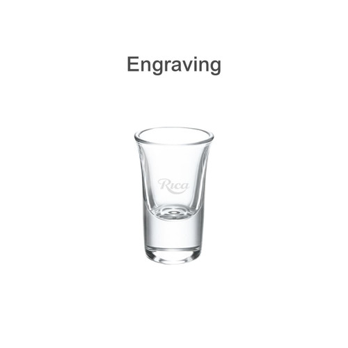 A clear glass shot glass with a smooth design and a logo. Suitable for a set of six pieces.