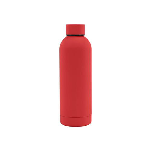 A drink bottle in matte red with a rubber-coated finish and a double-wall design, featuring a logo.