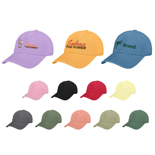A variety of six-panel premium washed cotton baseball caps in purple, orange, blue, pink, black, red, yellow, grey, and green, featuring different logos.