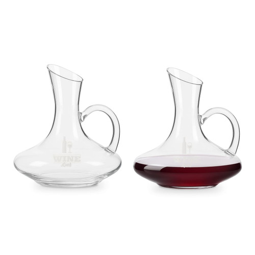 A glass handled wine decanter featuring a curved design, with one decanter displaying red wine. Both have a logo.