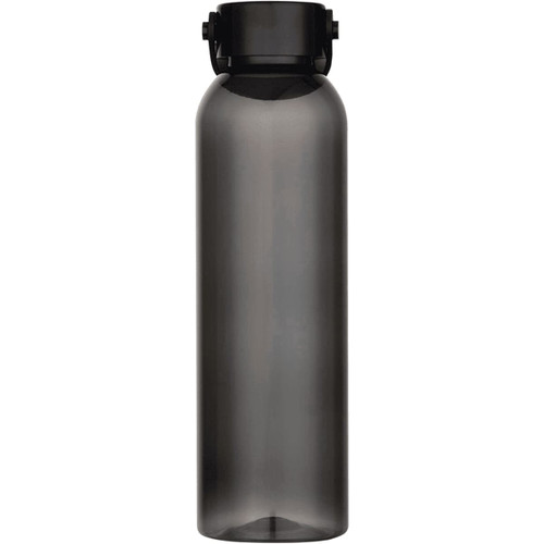 A drink bottle made from recycled plastic, featuring a dark grey body and a secure black lid.
