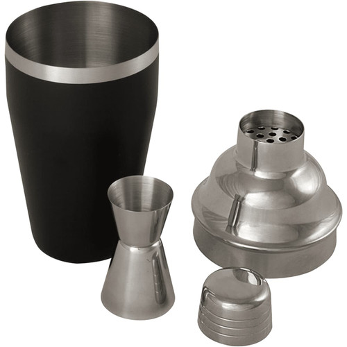 A black stainless steel cocktail shaker set featuring a shaker, jigger, strainer, and lid in silver.