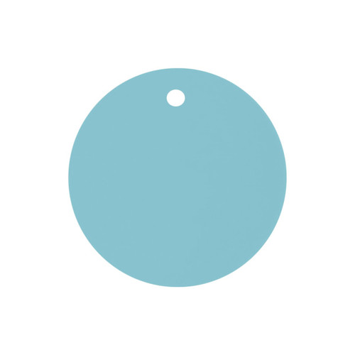 A round, light blue drink cover with a small hole at the top for attachment.