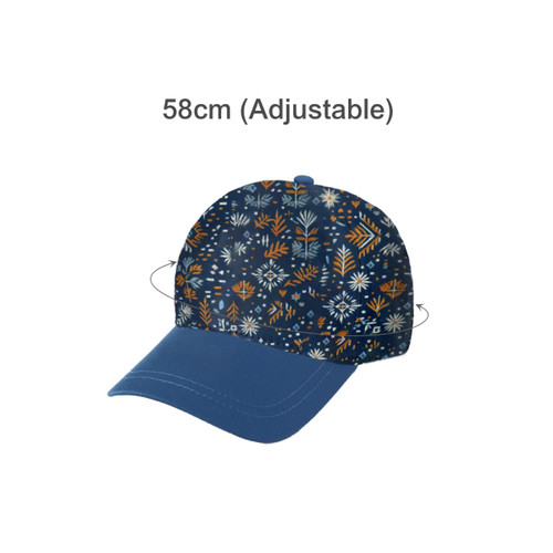 A navy and blue 5-panel cap featuring a floral pattern, with an adjustable size of 58cm and a visible logo.