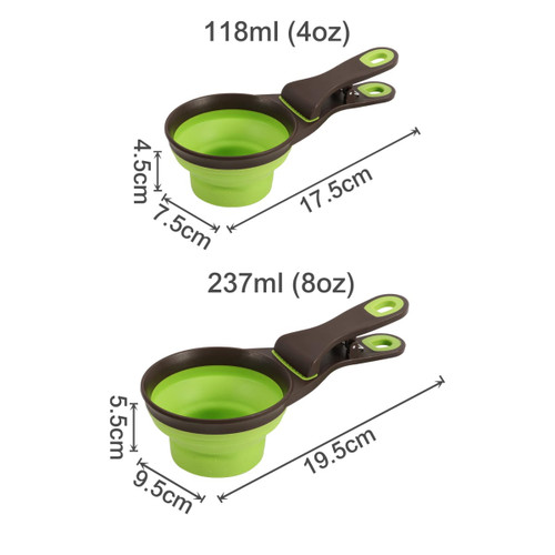 A collapsible pet food scoop in green and brown, featuring a two-size design with measurement markings.