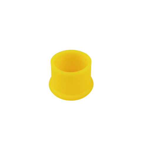 A yellow silicone wine stopper with a smooth surface and a wide base. The product has a logo on it.