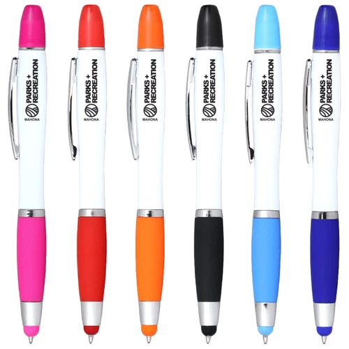 A set of six ballpoint pens in pink, orange, black, blue, and two shades of blue, featuring branding.