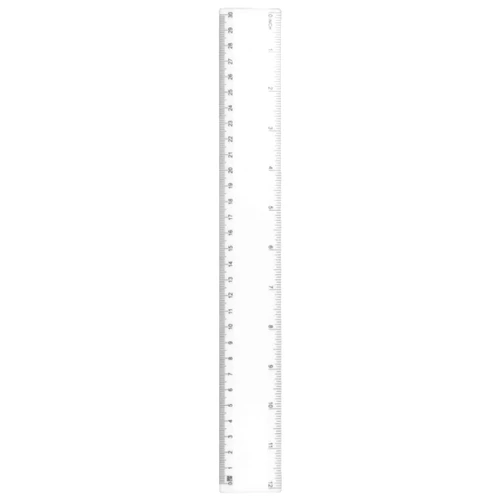 A transparent 30cm ruler with measurement markings in millimetres and centimetres. It features a logo at one end.