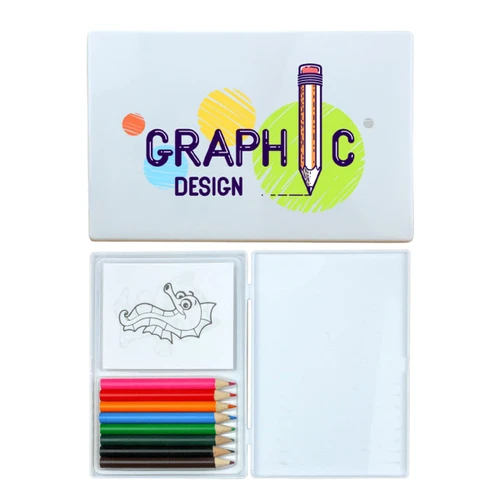 A colouring set featuring six coloured pencils in green, red, yellow, blue, orange, and black, along with a sketch pad and branding.