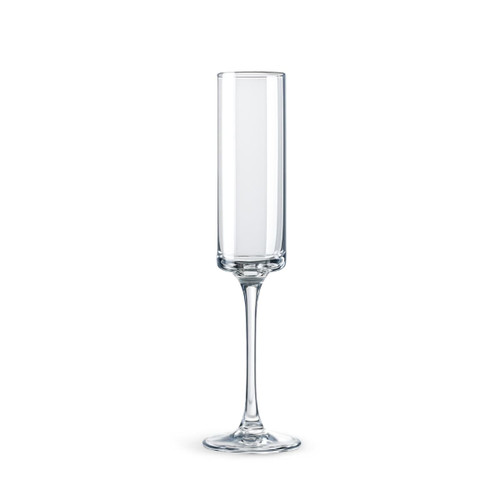 A straight champagne flute in clear glass with a tall, slender stem and a wide bowl. It features a logo.