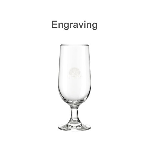 A clear goblet glass with a tall stem and a logo etched into the surface.