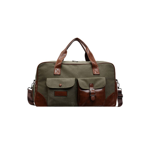 A vintage canvas duffle bag in green with brown leather accents and two front pockets. Features a logo.