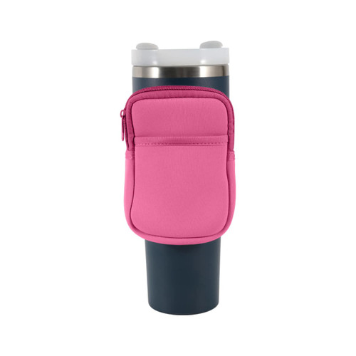 A drink bottle pouch in pink with a zippered pocket, designed to fit a tall drink bottle or tumbler.