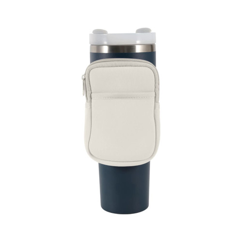 A drink bottle pouch in cream, fitted to a navy blue water bottle, featuring a zippered pocket on the side.