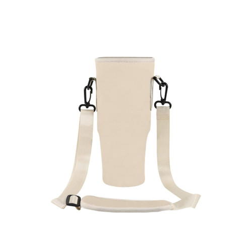A drink bottle carrier bag in beige with adjustable straps and clips for easy transport.
