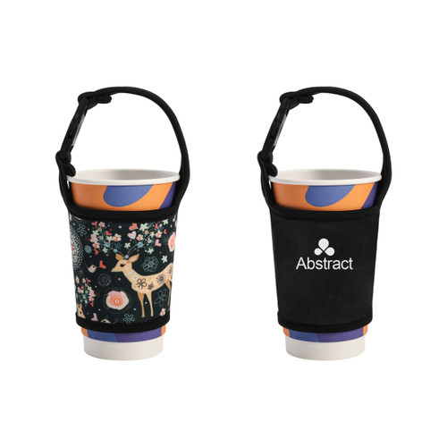A drink bottle sleeve in black featuring a floral deer design with vibrant colours. It has a logo on one side.