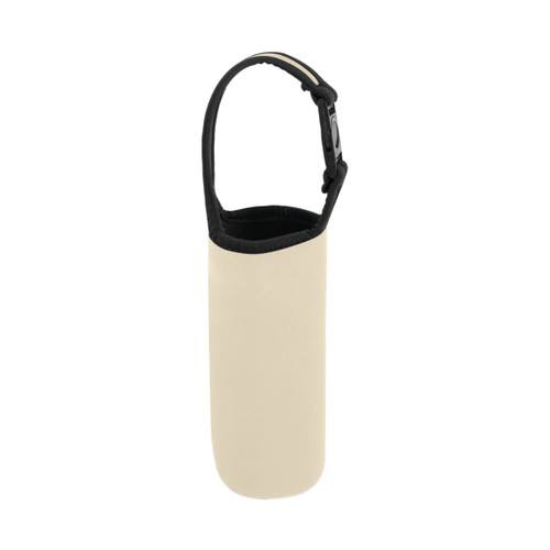 A drink bottle carrier pouch in beige with a black strap, featuring a simple, sleek design and a logo.