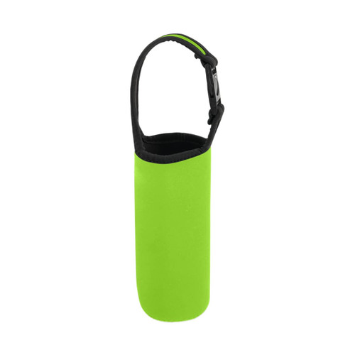A drink bottle carrier pouch in bright green with a black handle and a smooth, fitted design.