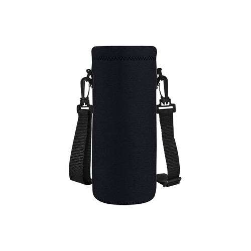 A drink bottle carrier in black, featuring adjustable straps and a secure fastening system. It has a logo on it.