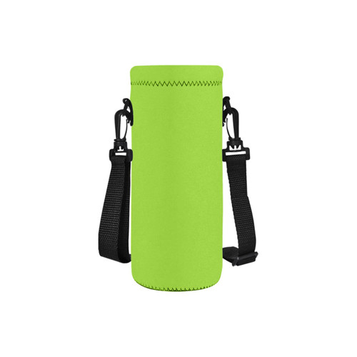 A drink bottle carrier in bright green with adjustable black straps and a logo.