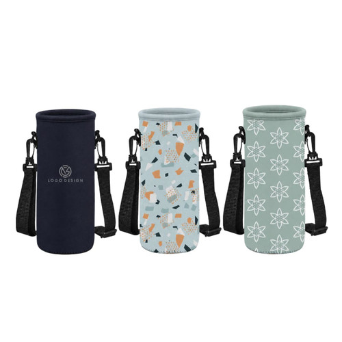 A drink bottle carrier in navy, patterned, and floral designs, featuring adjustable straps and a logo.