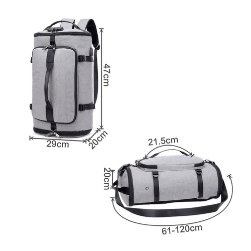 A grey convertible bucket backpack duffel bag with adjustable straps and multiple compartments. Features a logo.