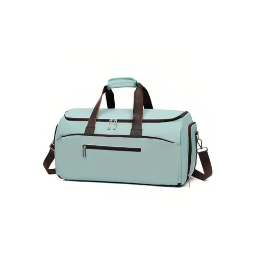 A teal convertible backpack duffel garment bag with brown handles and zippers. Features multiple compartments.