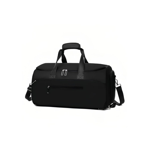 A black convertible backpack duffel garment bag with dual handles and a removable shoulder strap, featuring multiple compartments.