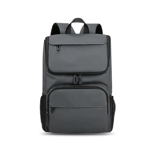 A grey business laptop backpack with multiple compartments and side mesh pockets. It has a sleek, modern design.