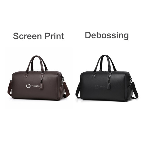 A polyurethane duffle bag in brown with a logo and a black variation, also featuring a logo, both with handles.