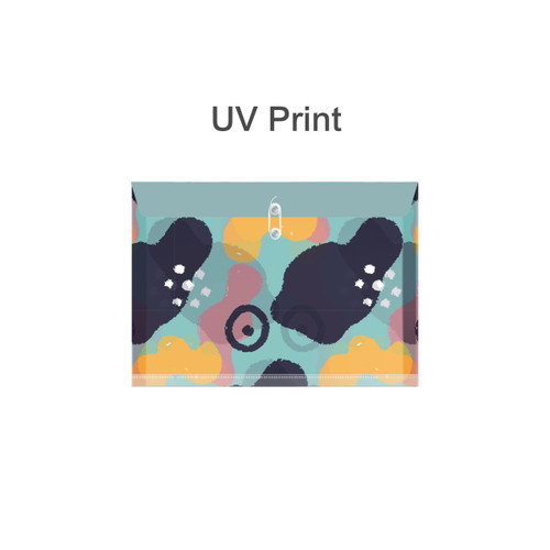 A rope-fastened folder with a colourful abstract pattern in teal, navy, orange, and pink. It features a plastic closure and has a logo.