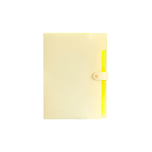 A4 expandable file folder in pale yellow with a bright yellow interior and a secure closure. Features a logo.