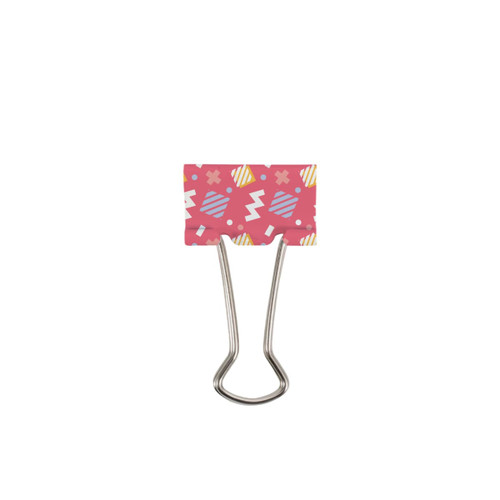 A pink binder clip with colourful geometric patterns and silver metal handles.