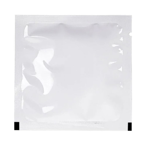 A white sealed packet containing a single wet wipe, with a simple design and no visible branding.