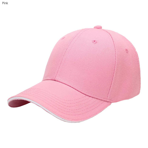 A pink cotton sandwich cap with a curved brim and an adjustable strap. It features a logo on the front.