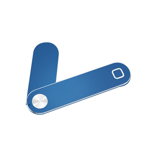 A blue laptop extension arm with two adjustable sections and a circular attachment point.