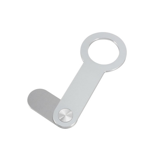 A silver aluminium magnetic phone holder designed for laptops, featuring a sleek and minimalist design.