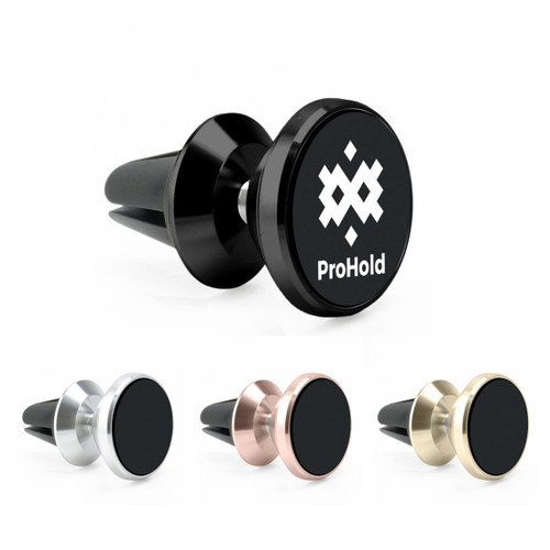 A set of four rotatable car phone holders in black, silver, rose gold, and gold, featuring a logo on the black holder.